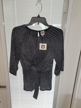 Anne Klein Black Metallic Tie-Front Blouse